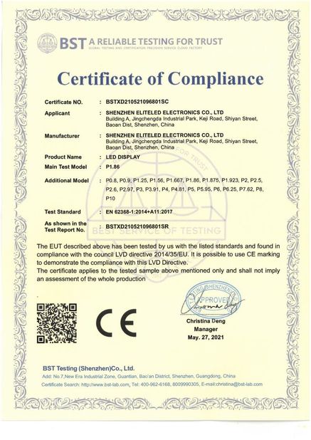 Китай Shenzhen EliteLED Electronics Co.,Ltd Сертификаты