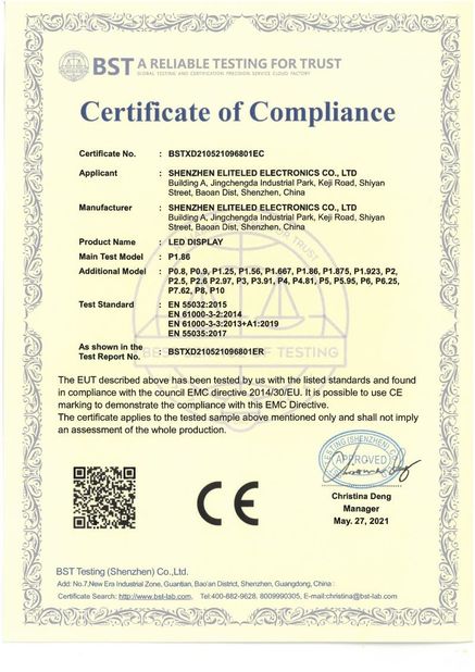 Китай Shenzhen EliteLED Electronics Co.,Ltd Сертификаты